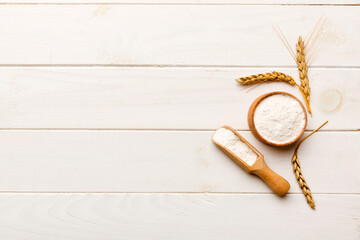 Flat lay of Wheat flour in wooden bowl with wheat spikelets on colored background. world wheat crisis