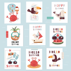 Summer Poster Collection. Vector Illustration. Kids cartoon illustration set for baby clothes, greeting card, wrapper, beach party.