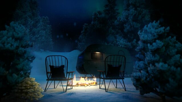 This video expresses a break in front of a bonfire on a snowy night. It's a camp site with a very warm atmosphere.