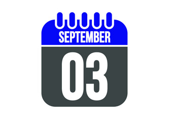 Calendar day 3 september. Vector calendar icon for september days in blue and gray.