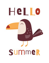 Summer Poster with funny Toucan bird. Vector Illustration. Kids cartoon illustration for baby clothes, greeting card, wrapper, beach party. Text Hello Summer.