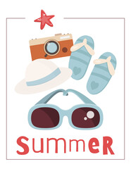 Summer Poster with Beach Elements – sunglasses, summer hat, flip flops, camera. Vector Illustration. Kids cartoon illustration for baby clothes, greeting card, wrapper, beach party. Text Summer