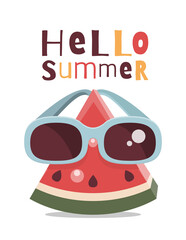 Summer Poster with funny Watermelon in Sunglasses. Vector Illustration. Kids cartoon illustration for baby clothes, greeting card, wrapper, beach party. Text Hello Summer.