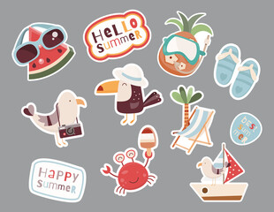 Funny Summer Stickers Set for daily planner, cute summer characters. Collection of scrapbooking elements for beach party. Tropical beach vacation. Vector illustration isolated on white background