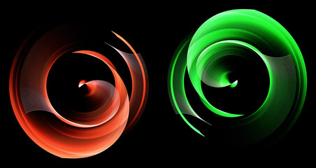 Red and green abstract propellers blades are arranged in layers and rotate on a black background. Set. Icon, logo, sign, symbol. 3d illustration. 3d rendering. © Svetlana