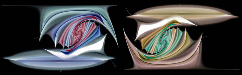 Patterns of spiral and arcuate elements in pastel shades on a black background. Set of graphic design elements. 3d illustration. 3d rendering.