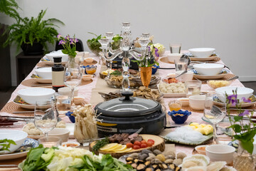 Sukiyaki Premium and Luxury Dinner Set for Celebration with special VIP guests. They have the raw material, beef, pork, chicken, egg, tofu, vegetable, shrimp, shell, squid.