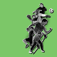 Sport collage about kickboxing, soccer, american football, basketball, ice hockey, badminton, taekwondo, tennis, rugby players.