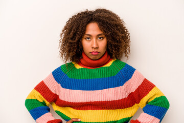 Young African American woman isolated on white background sad, serious face, feeling miserable and displeased.