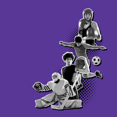 Collage with male soccer and basketball players, hockey and boxing. Poster graphics. Sportive men and women isolated on purple background.
