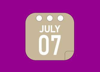 7 July. July day 7 Icon Single Day Calendar Vector Illustration.