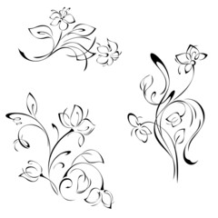 decorative element with stylized blooming flowers on stems with leaves and swirls. graphic decor, SET