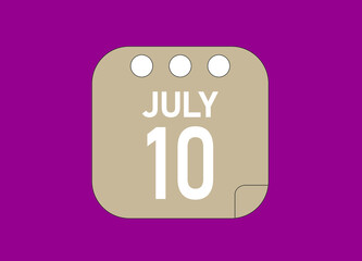 10 July. July day 10 Icon Single Day Calendar Vector Illustration.