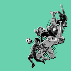 Sport collage about kickboxing, soccer, american football, basketball, ice hockey, badminton,...