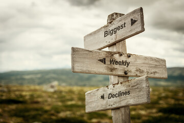 biggest weekly declines text quote on wooden signpost outdoors in nature. Inflation, economy and stock market concept.