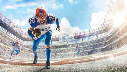 Sports emotions. American football in a large open stadium. Young agile american football player...