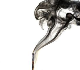 Match with smoke. Smoke coming from a half-burnt match on a white background close-up.