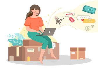 Young girl live on computer, selling stuff online and check orders on e-commerce store, preparing to pack the boxes with paper packages and parcels, modern business and shopping concept. Flat vector.