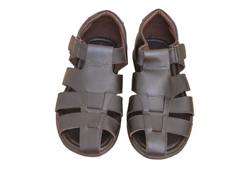 Close up shot of brown sandals for men isolated on a white background
