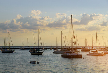 Fototapeta na wymiar Many beautiful moored sail yachts on water summertime vacation luxury lifestyle