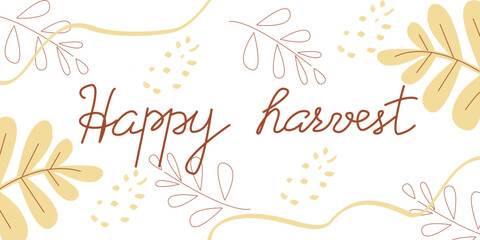 Happy harvest lettering design horizontal banner. Hand written text on the leaves background in doodle style