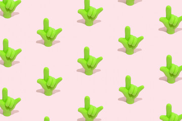 Fluorescent green ILY, I love you symbol icon. Seamless pattern, isometric view. Hand gestures,...