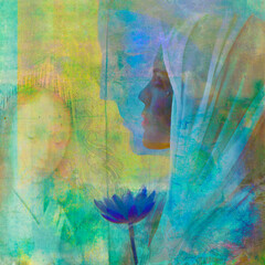 Soul Of A Yogini. Sacred woman holding a lotus blossom with overlays of a shadowed woman and the Madonna. Mixed media photo art.  - 510663578