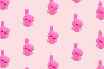 One finger up icon on pastel pink background. Seamless pattern, isometric view. Hand gesture concept.