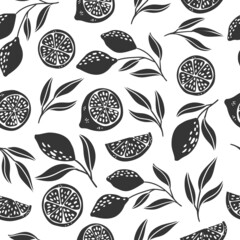 Seamless pattern made with cute lemons and botanical details. Simple fruit print. Scandinavian style, naive vibes.
