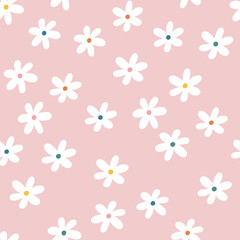 Seamless pattern made with simple daisy flowers. Naive Scandinavian botanical print.