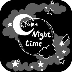 Fototapeta premium Good night theme frame with moon, stars and clouds on the dark sky. Quotes background, poster, card decoration. Hand drawn vector illustration. Cartoon retro vintage boho chalkboard style drawing.