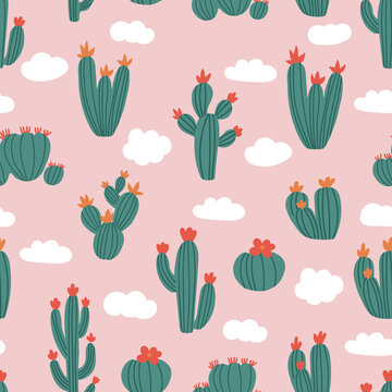 Seamless pattern made with cute cacti and clouds. Light blue background, white clouds.