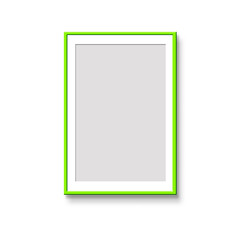 Vertical, bright green pas partu frame on a white wall. Mockup of poster frames. Art show. - 510664323