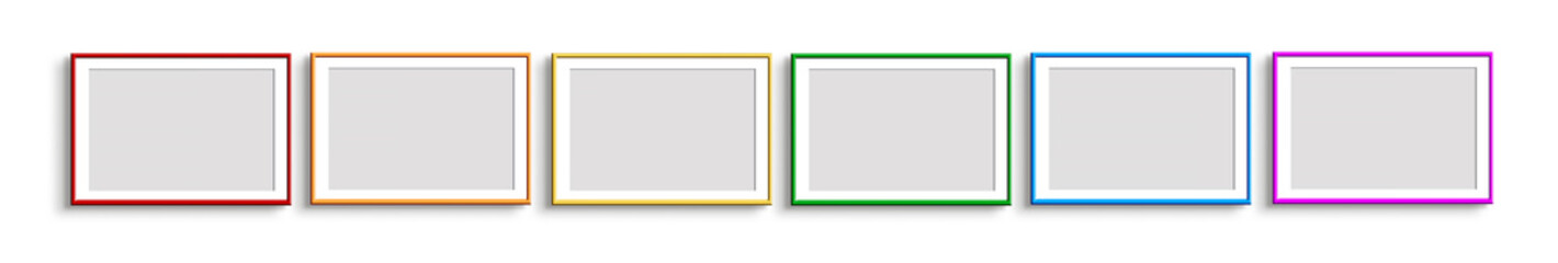 Six horizontal frames in rainbow colors on a white background..Mockups of posters frames. Art show. Poster frames in the colors of the LGBTQ + flag. - 510664332