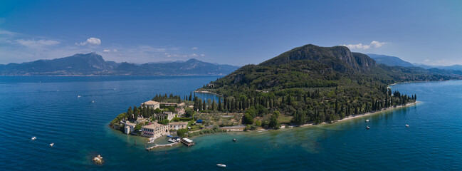 Aerial panorama of Parco San Vigilio, Lake Garda, Italy. Aerial view of Punta San Vigilio, Garda....