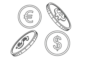 Set of gold coins with 2 currencies. Dollar, Euro. Editable