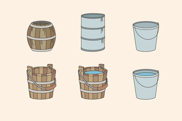 color vector illustration of various wooden and metal objects on a white background