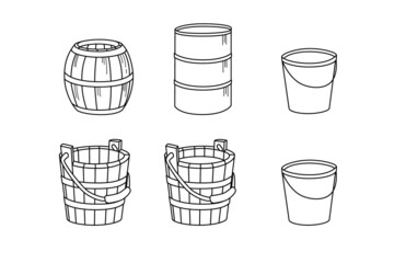 line illustration of various wooden and metal objects on a white background