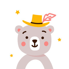 Cute baby bear vector illustration. Funny animal character in yellow hat for kids textile design, nursery prints, posters