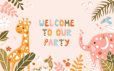 Cute baby birthday template with young safari animals drawn in cartoon style. Funny vector illustration of elephant, giraffe, snake, bird, leaves and flowers with decorative lettering