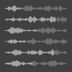 Voice message, mail. Social media chat conversation. Messaging app, music player, audio or video editor interface element. Voice assistant recorder. Sound wave pattern. Dark mode. Vector illustration