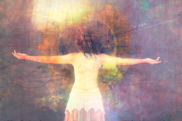 The Soul's Mirror. Mixed media artwork of a young woman facing into the sun.  - 510665522