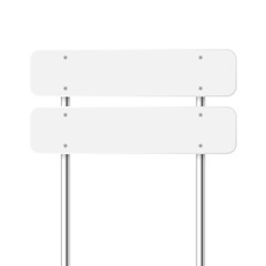 Obraz premium Road, traffic sign. Highway signboard on a chrome metal pole. Blank white board with place for text. Directional signage and wayfinder. Information sign mockup. Vector illustration.
