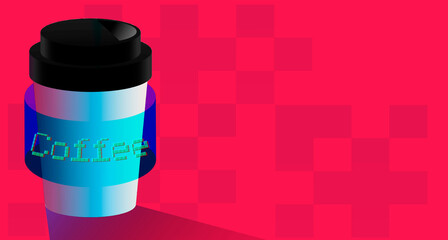 Banner with glass of coffee in cyberpunk style. Vector graphics