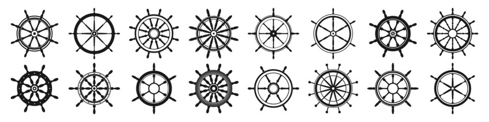 Collection of vintage steering wheels. Ship, yacht retro wheel symbol. Nautical rudder icon. Marine design element. Vector illustration