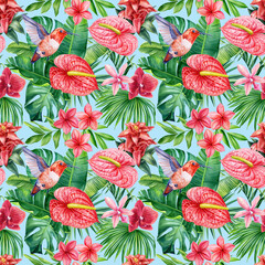 Watercolor floral pattern, tropical leaves, flowers and hummingbird bird © Hanna