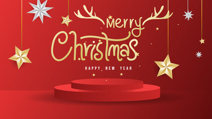 Naklejka premium Merry Christmas with Element on Podium and star a in Christmas holiday , Flat Modern design , illustration Vector EPS 10