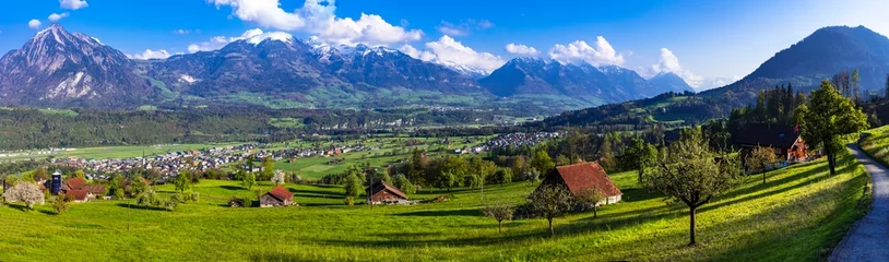 Gordijnen Switzerland nature scenery - typical traditional village with green meadows and wooden houses near Lucerne town and lake with stunning view for Pilatus mountain © Freesurf
