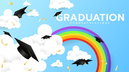 Graduation  with Graduation cap and cloud rainbow , congratulations on blue color background, Vector illustration EPS 10