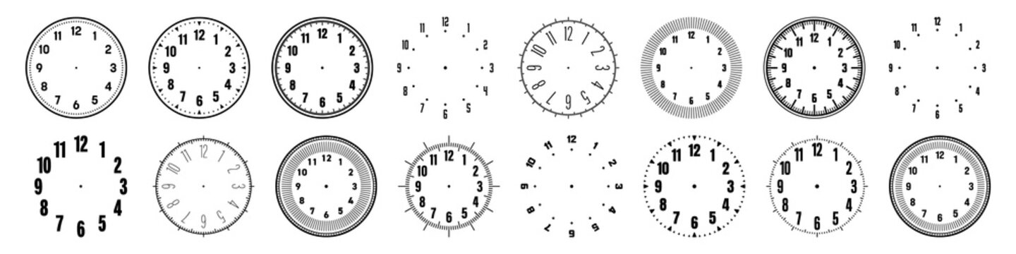 Mechanical clock faces with arabic numerals, bezel. Watch dial with minute, hour marks and numbers. Timer or stopwatch element. Blank measuring circle scale with divisions. Vector illustration